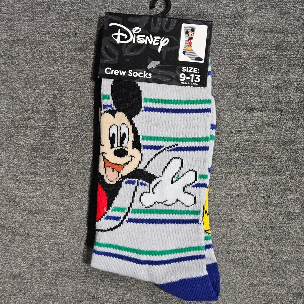 Disney Mickey Mouse Mens Crew Socks Gray Blue Green Striped Size 9-13 New 401019